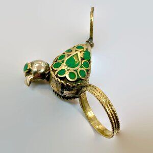 Vintage Bird Ring Afghan:  Middle Eastern Green Enameled Brass